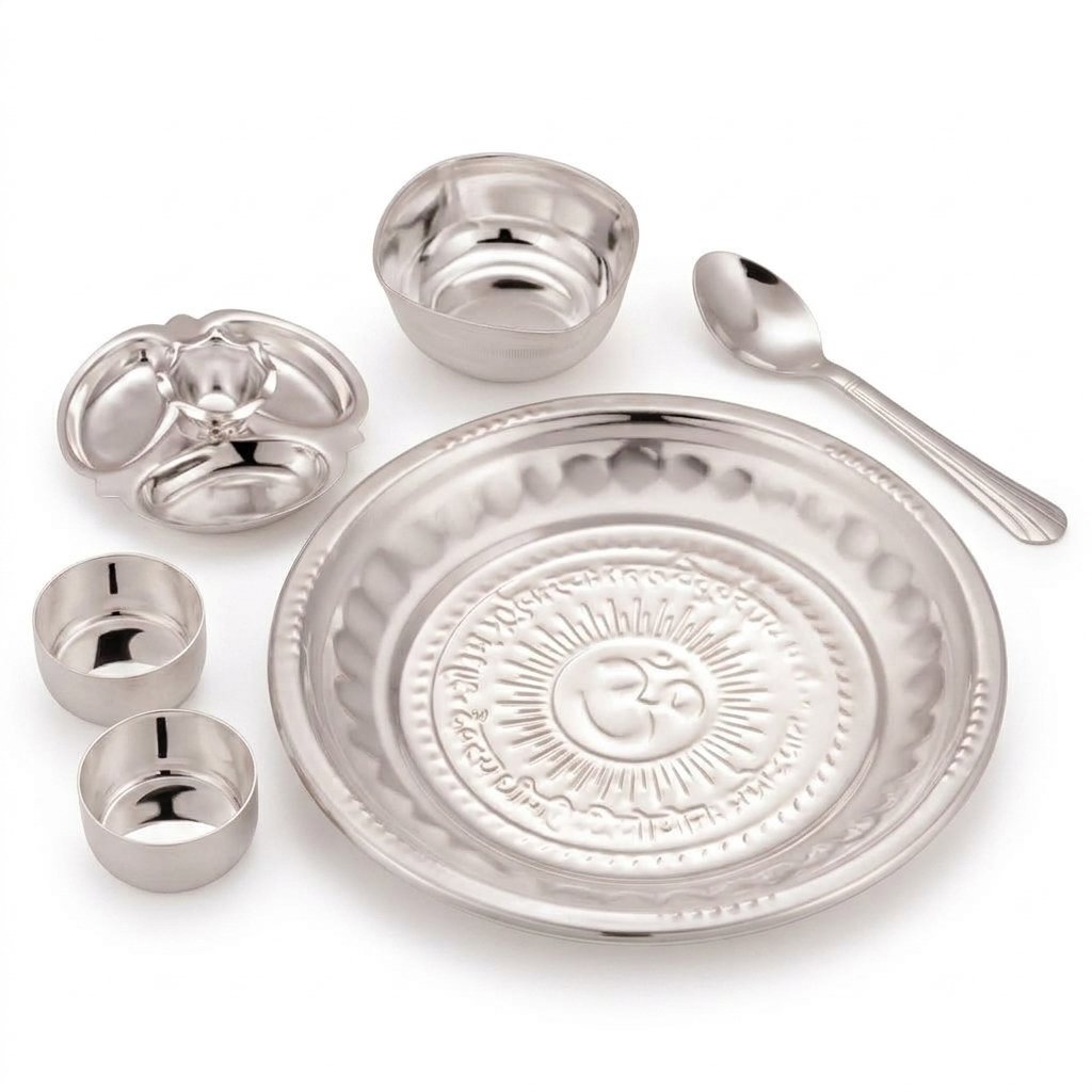 Silver Plated Om 2No Tabak Pooja Set- Pack Of 6