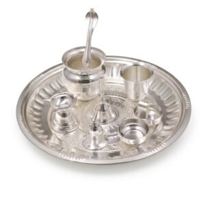 Silver Plated Om Design Tabak Pooja Set - Pack Of 8
