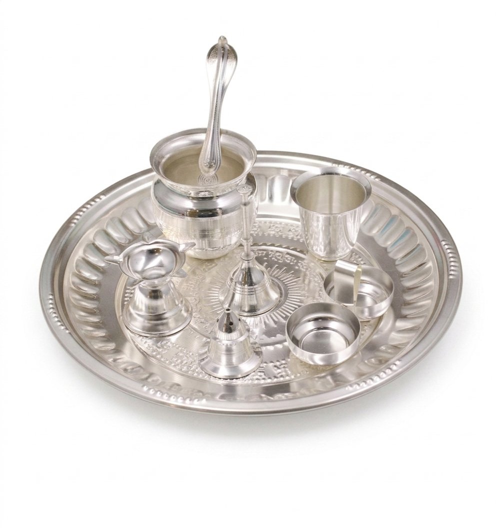 Silver Plated Om Design Tabak Pooja Set - Pack Of 8