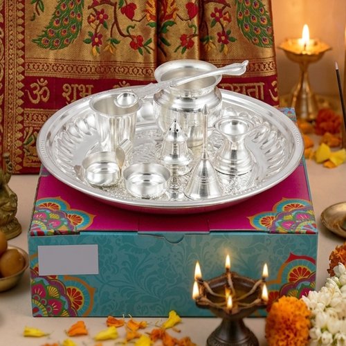 Silver Plated Om Design Tabak Pooja Set - Pack Of 8 - Image 4