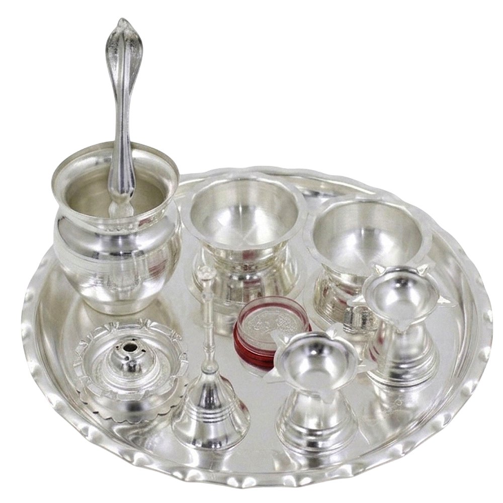 Silver Plated Shubh Labh Plate Pooja Set- Pack Of 10