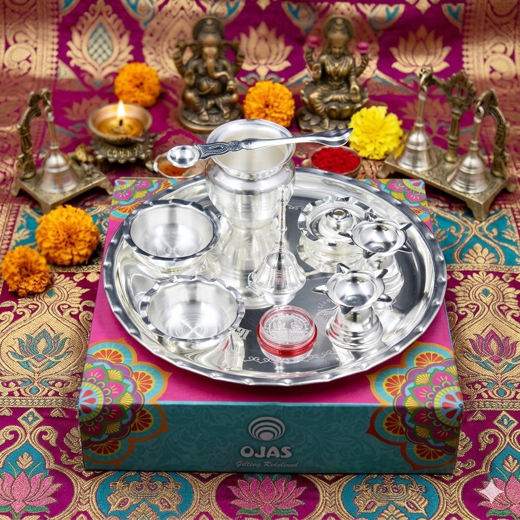 Silver Plated Shubh Labh Plate Pooja Set- Pack Of 10 - Image 4