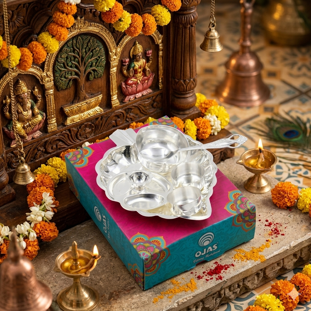 Silver Plated Leaf Pan Pooja Set - Pack Of 6 - Image 4