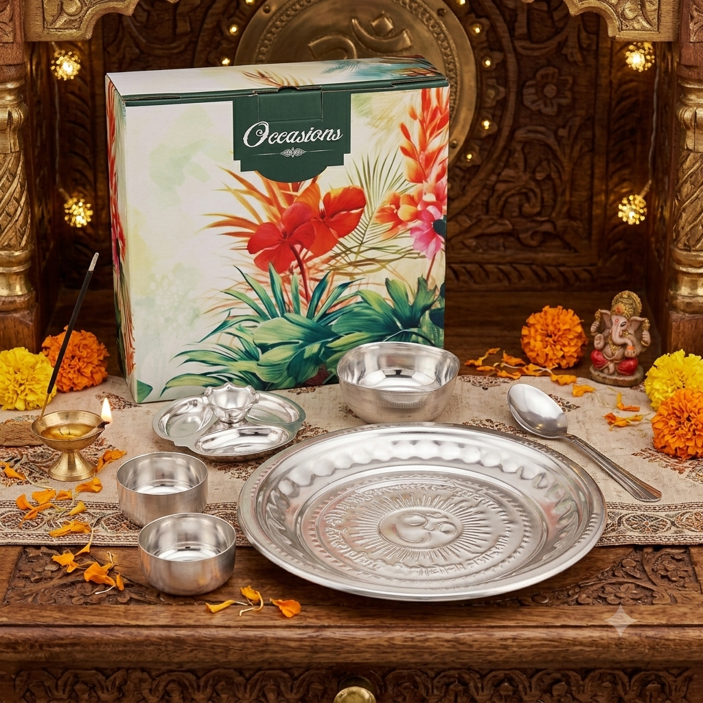 Silver Plated Om 2No Tabak Pooja Set- Pack Of 6 - Image 4