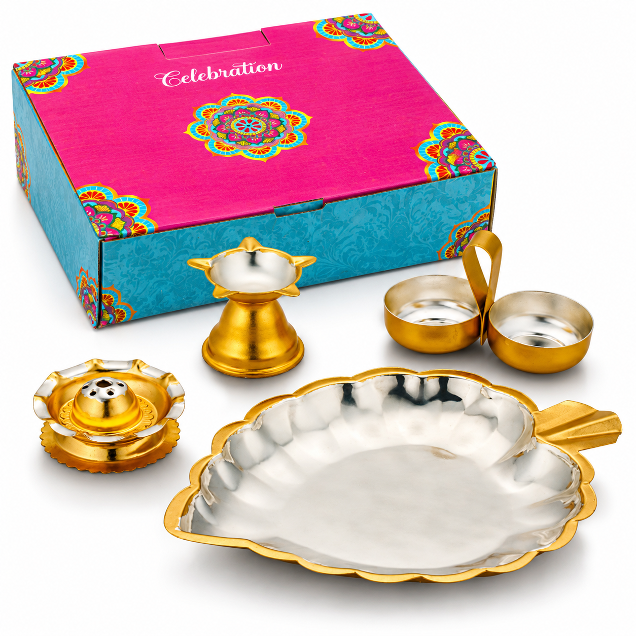 Two Tone Finish Plated Leaf Pan Pooja Set - Pack Of 4 - Image 4