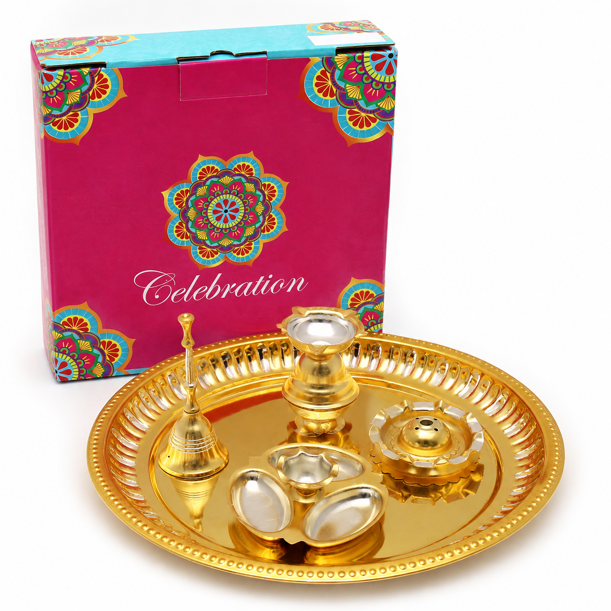 Two Tone Finish Plated Pooja Set - Pack Of 5 - Image 4
