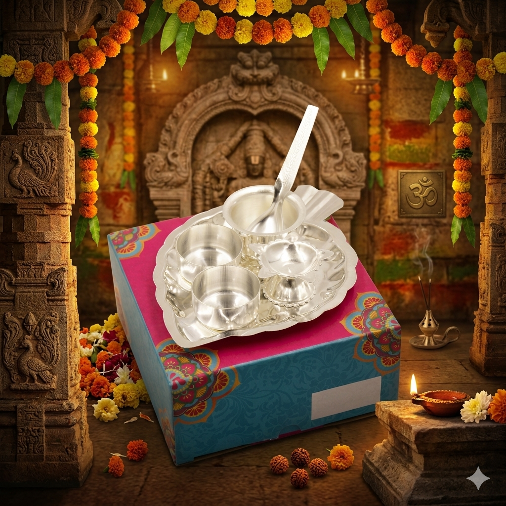 Silver Plated Leaf Pan Pooja Set - Pack Of 6 - Image 4