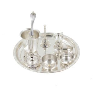 Silver Plated Shubh Labh Plate Pooja Plate Set - Pack Of 8