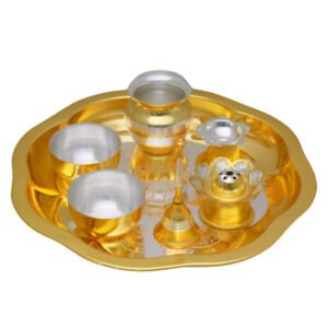 Two Tone Finish Plated Laser Plate Pooja Set - Pack Of 7