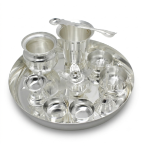 Silver Plated Round Thali Pooja Set - Pack Of 10