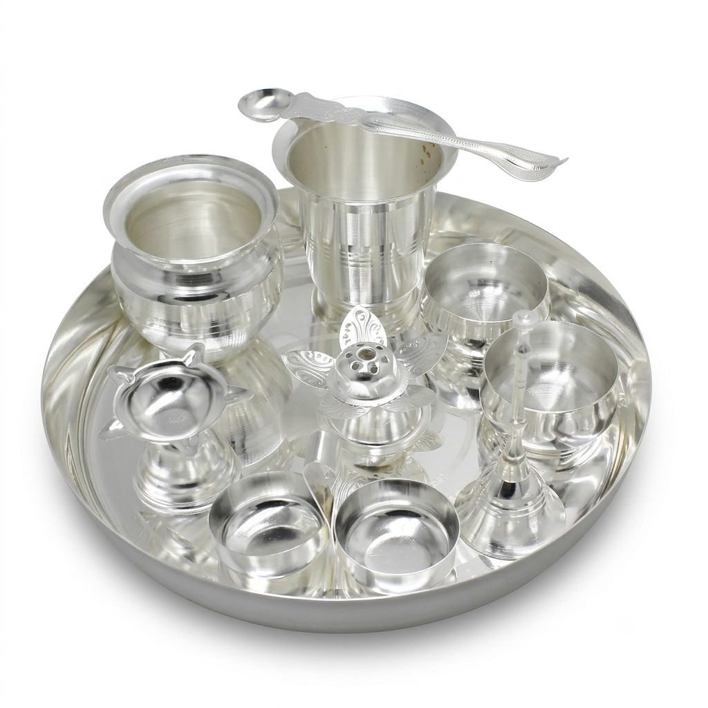 Silver Plated Round Thali Pooja Set - Pack Of 10