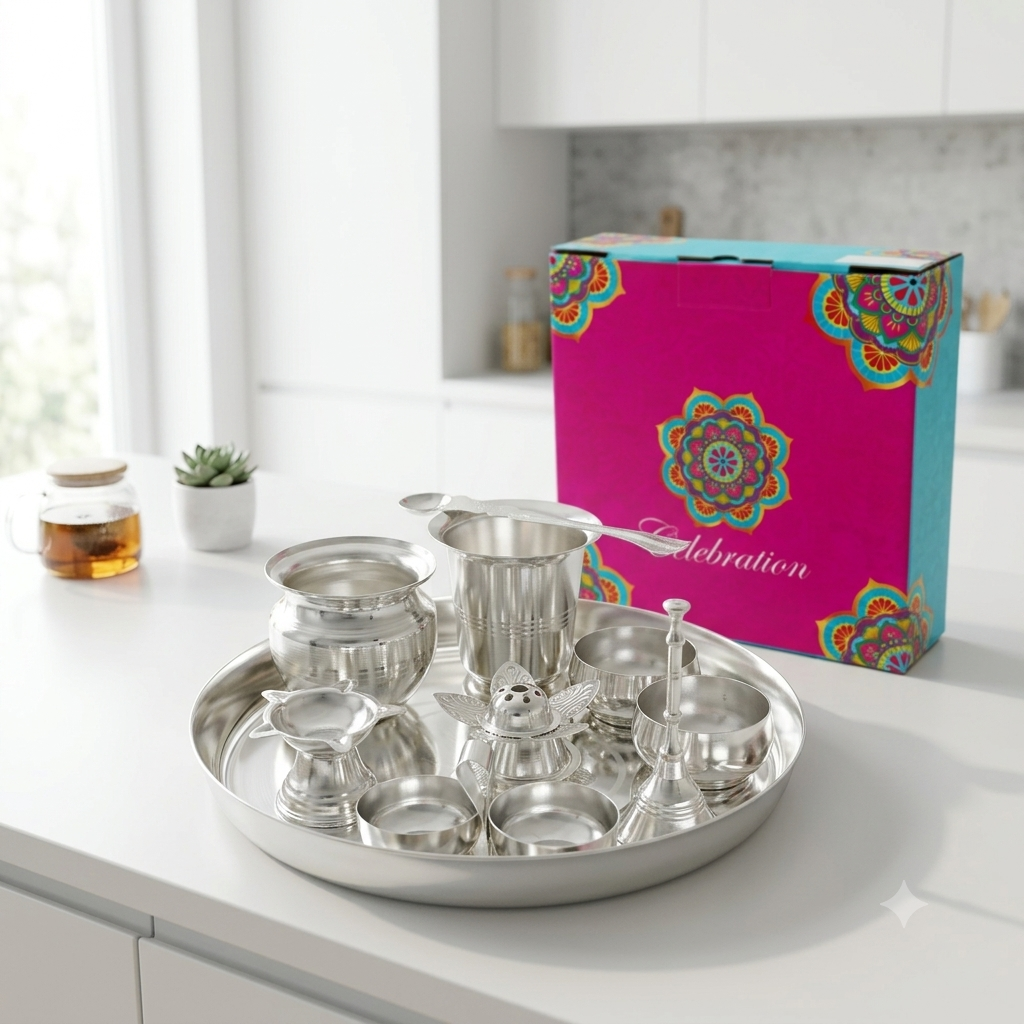 Silver Plated Round Thali Pooja Set - Pack Of 10 - Image 4
