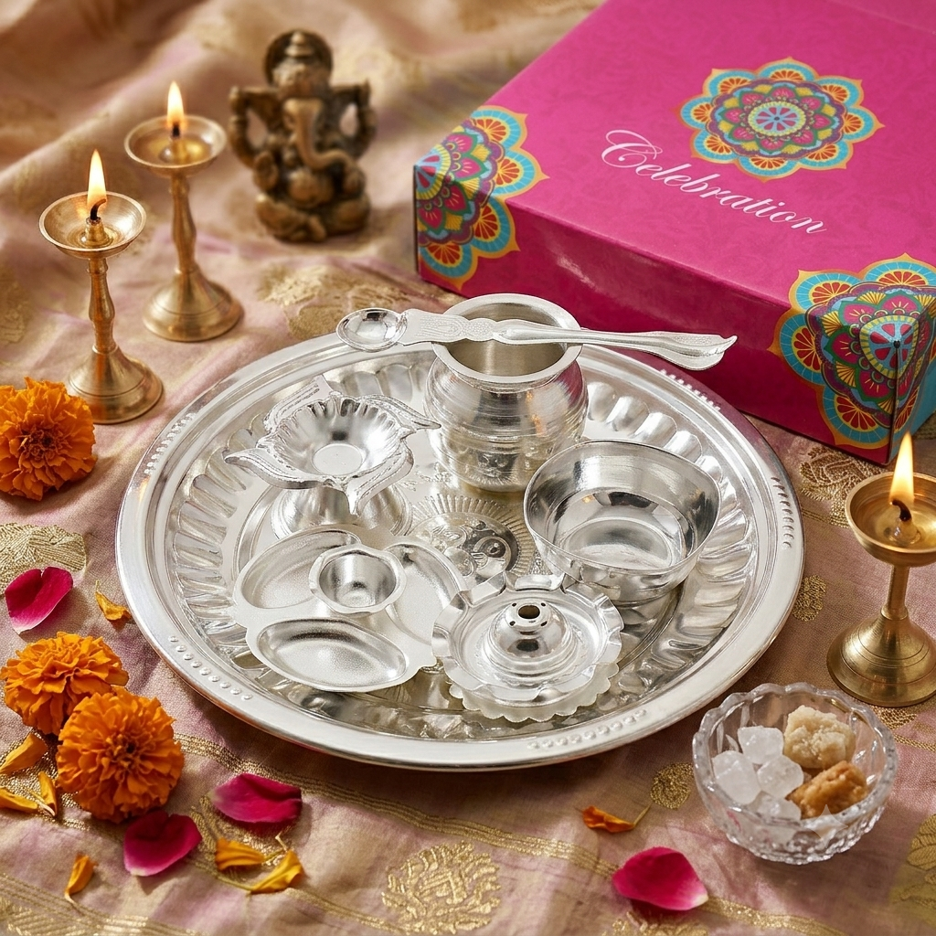 Silver Plated Om 4No Tabak Pooja Set - Pack Of 7 - Image 4