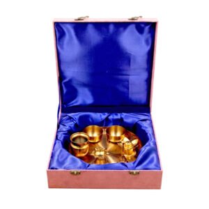 Rose Gold Finish Plated Pooja Set With Wooden Box - Pack Of 7