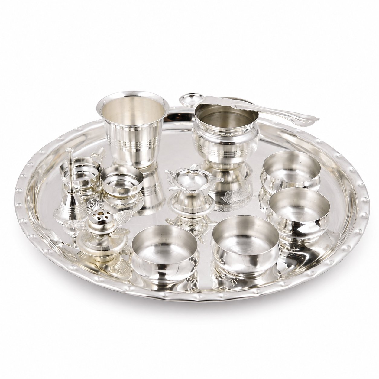 Silver Plated Shubh Labh Plate Pooja Set - Pack Of 12
