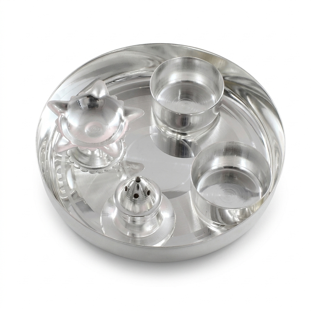 Silver Plated Round Shep 5No Pooja Thali Set - Pack Of 5