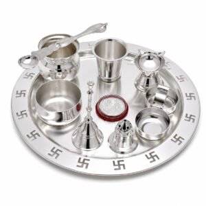 Silver Plated Swastik Plate Pooja Set- Pack Of 10
