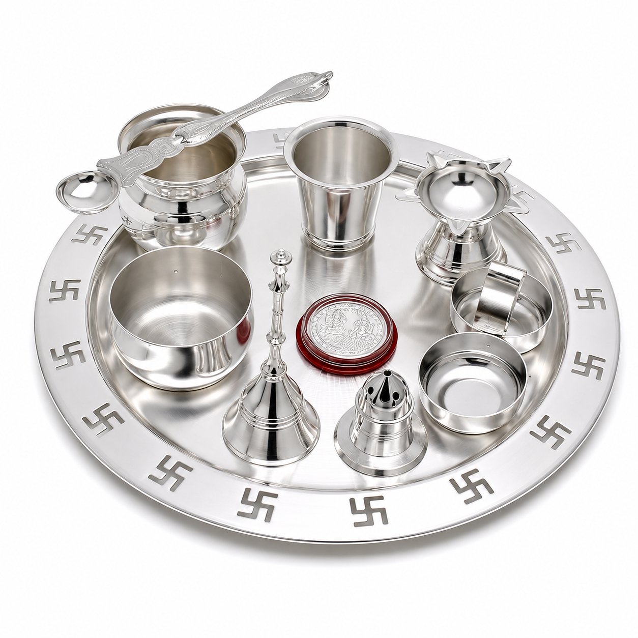 Silver Plated Swastik Plate Pooja Set- Pack Of 10