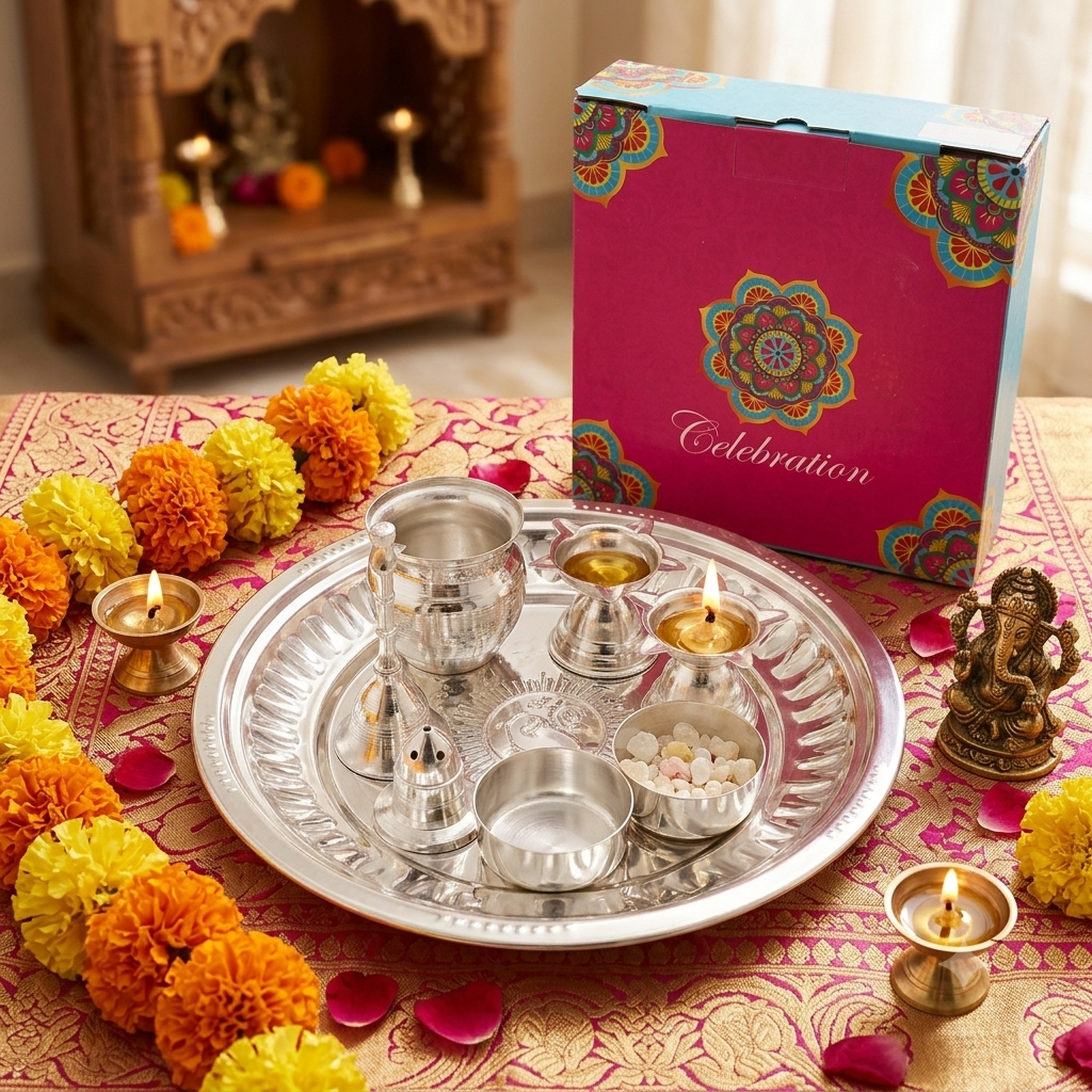 Silver Plated Om Tabak (4No) Pooja Set- Pack Of 8 - Image 4