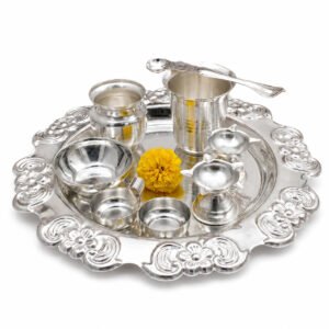 Silver Plated Flower Tray Pooja Set - Pack Of 8
