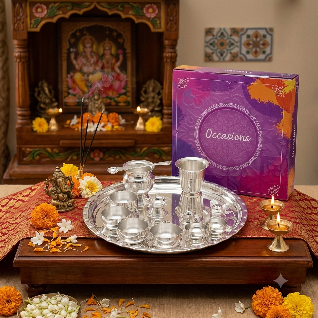 Silver Plated Shubh Labh Plate Pooja Set - Pack Of 12 - Image 4