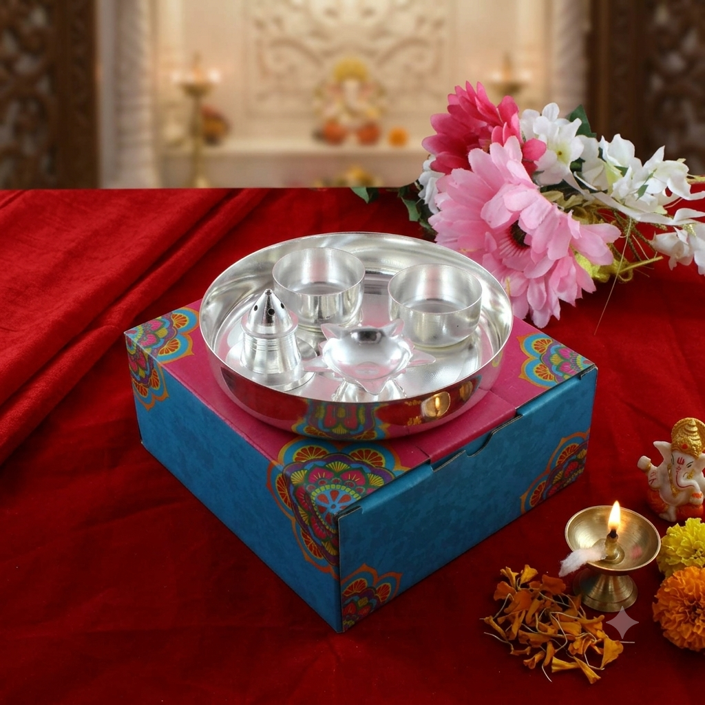 Silver Plated Round Shep 5No Pooja Thali Set - Pack Of 5 - Image 4