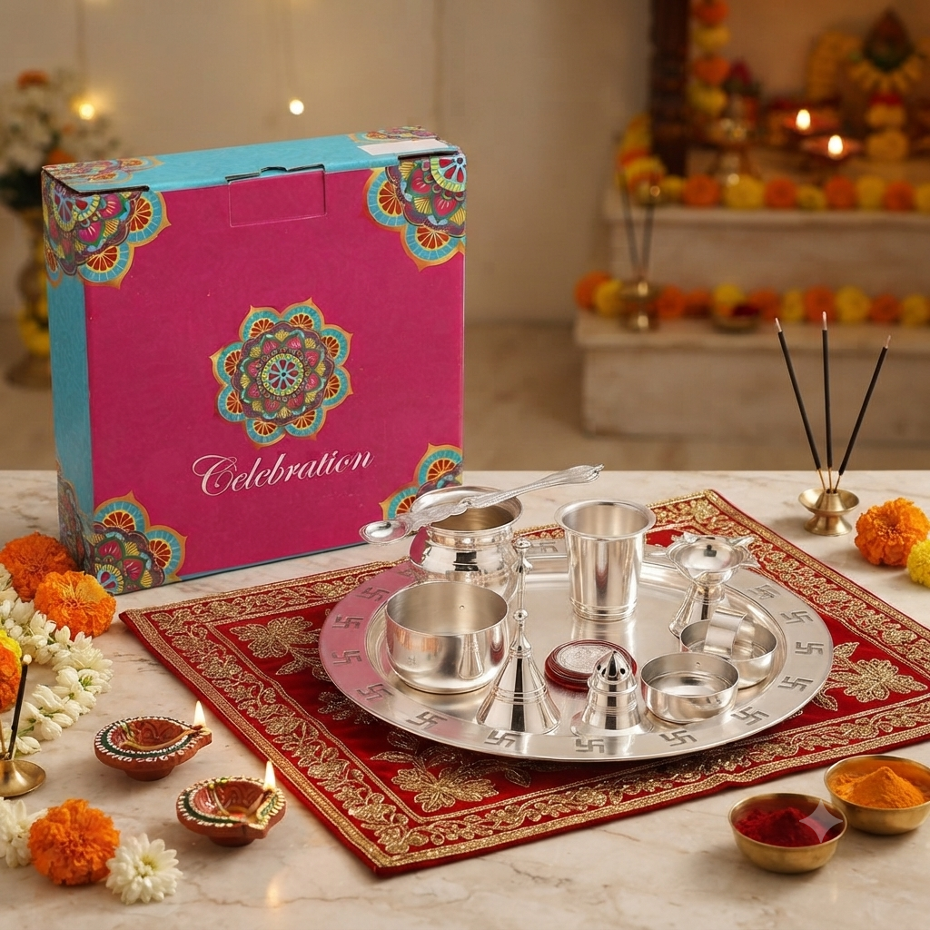 Silver Plated Swastik Plate Pooja Set- Pack Of 10 - Image 4