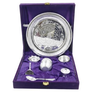 Silver Plated Itching Plate Pooja Set With Velvet Box - Pack Of 7