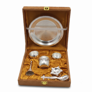 Silver Plated Nakshi Plate Pooja Set With Velvet Box, Pack Of 7